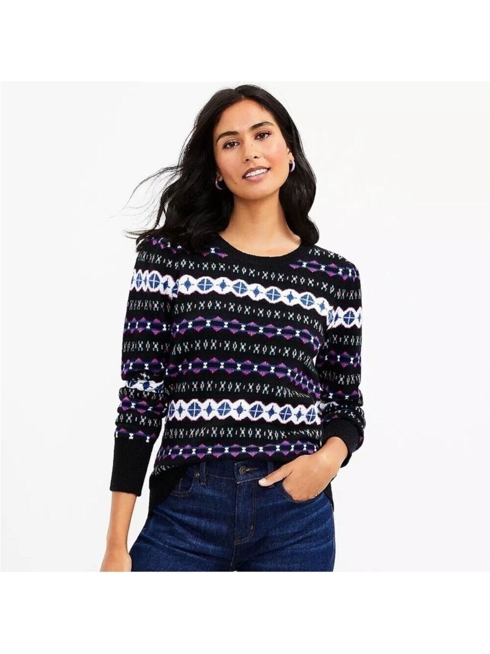 LOFT Holidays Christmas Sweater Long Sleeve Black Multi Color Size XS